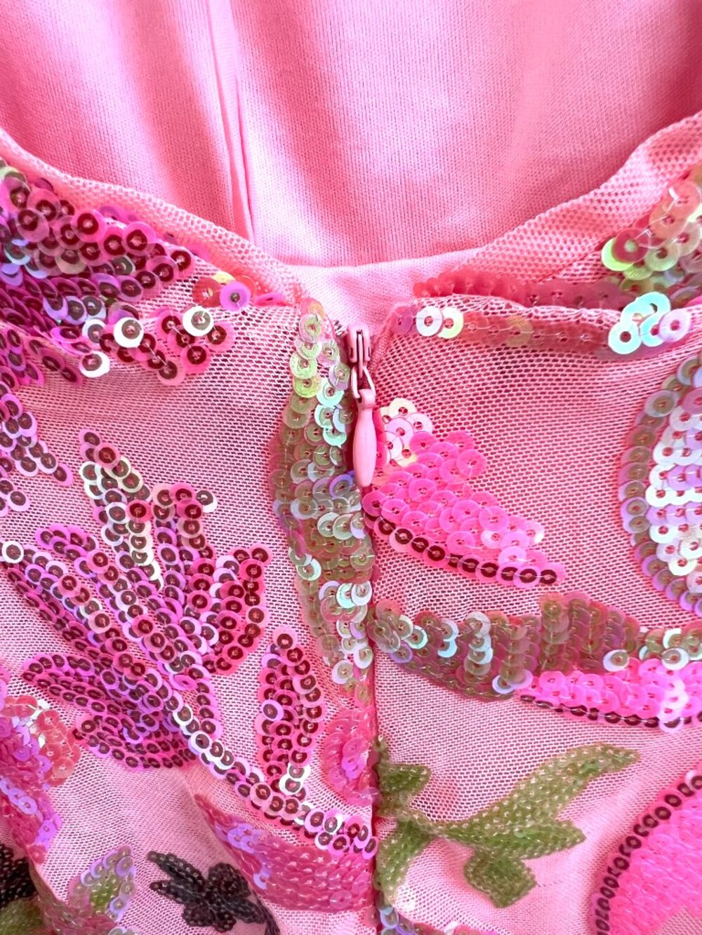 Lulus Neon Coral Pink Iridescent Sequin Floral Halter Backless Mini Dress M NWT - Picture 8 of 12